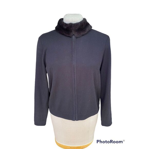 Nina Leonard Classic Zip Cardi w/Faux Fur Collar Sz L Long Sleeve Wool Blend - Picture 3 of 9